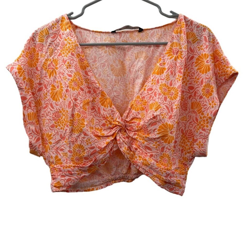 Zara Pink & Orange Bright Floral Print Twist Front Short Sleeve Crop Top Size M